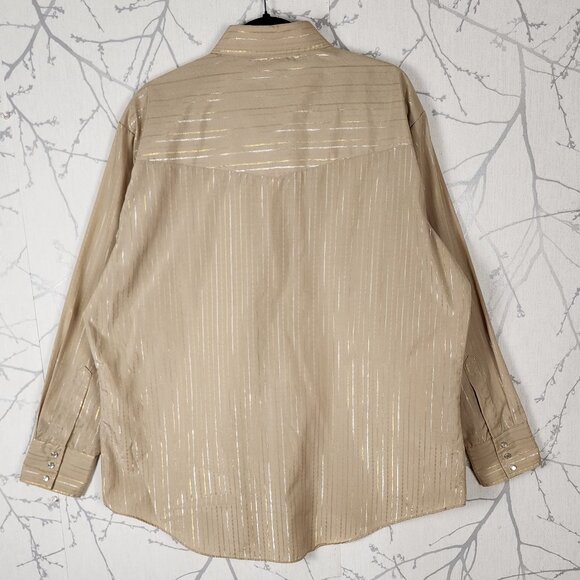 Ely Cattleman Beige Metallic Gold Pinstripe Pearl Snap Western Shirt - Picture 3 of 5